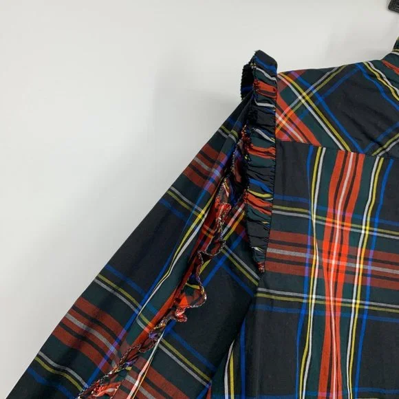 J.Crew Top Black Red Plaid Button Popover Ruffle Long Sleeve - Picture 12 of 13